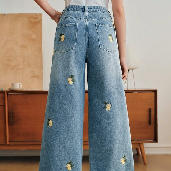 Blue Casual Women's Embroidered Loose Straight-Wide Leg Jeans with Pockets - Picture 2 of 8